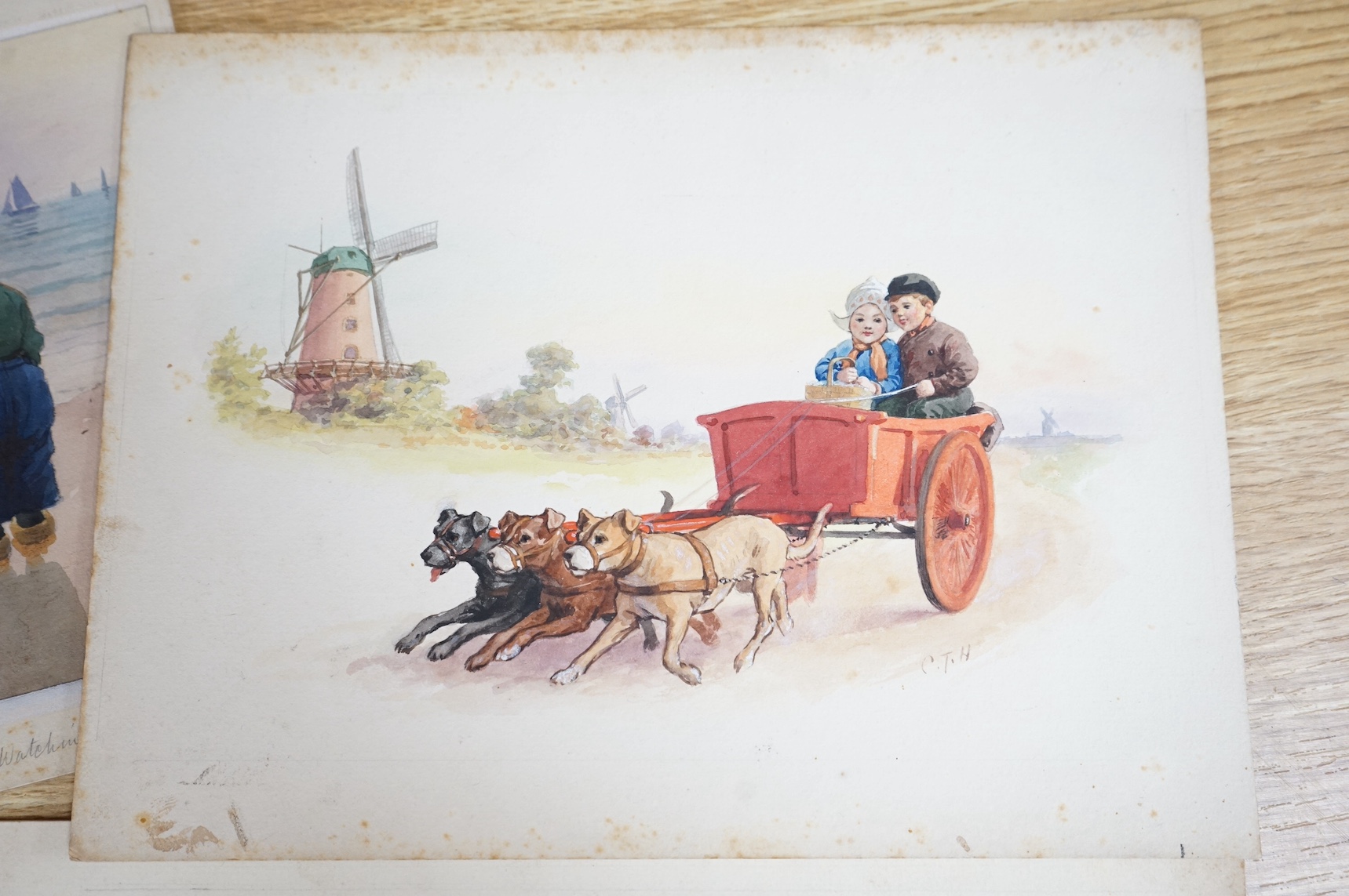 Charles Thomas Howard (1865-1942), a set of four original watercolours for postcard designs, Dutch children to include; ‘Waiting for Father’, ‘The Dog Cart’ and ‘The Sled’, three signed, unframed, largest 19 x 24cm. Cond
